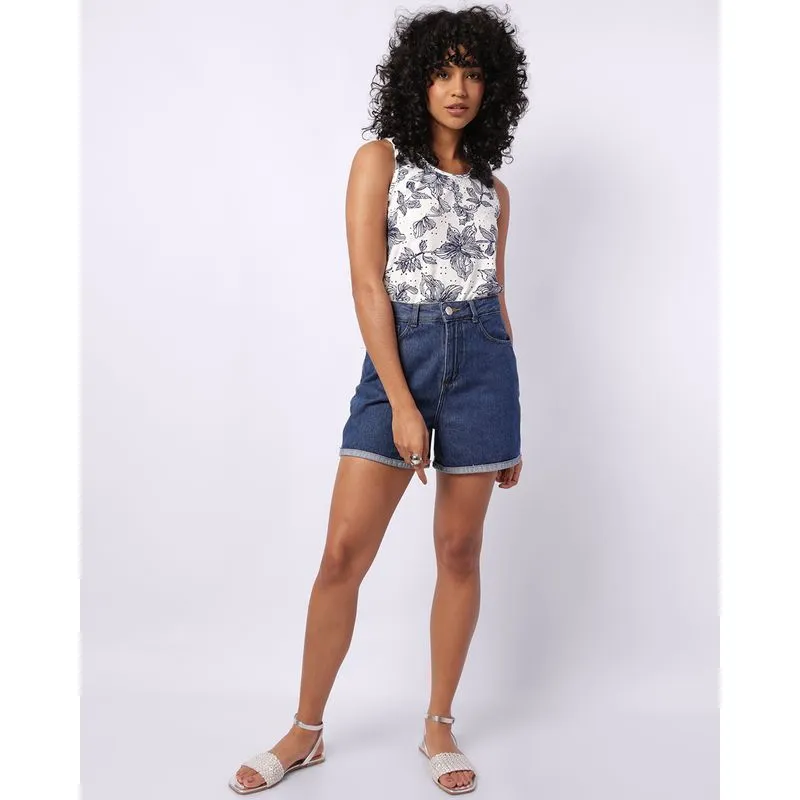 Bermuda Jeans Feminina com Bolsos Barra Dobrada Azul 42