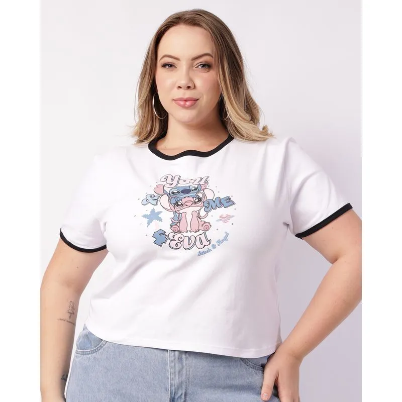 Camiseta Plus Size Feminina Algodão Disney Angel & Stitch Branca G1