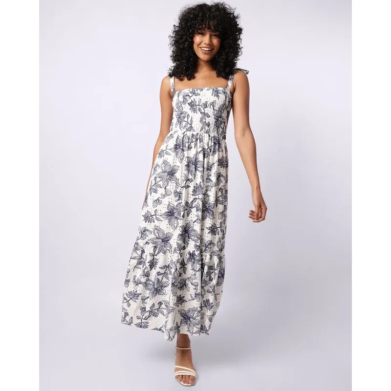 Vestido Feminino Longo Alcinha Laise Lastex Estampado Branco M