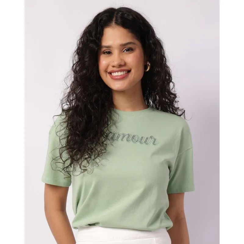 Camiseta Feminina Algodão com Bordado Manga Curta Verde P