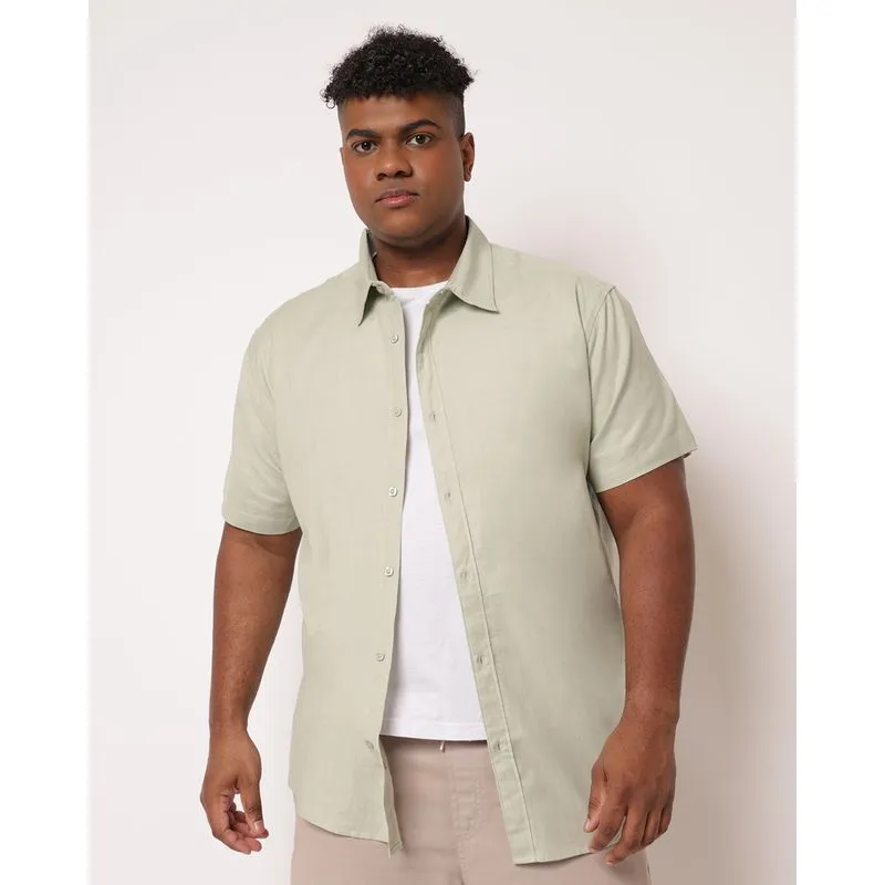 Camisa Plus Size Masculina Algodão com Linho Lisa Verde G1