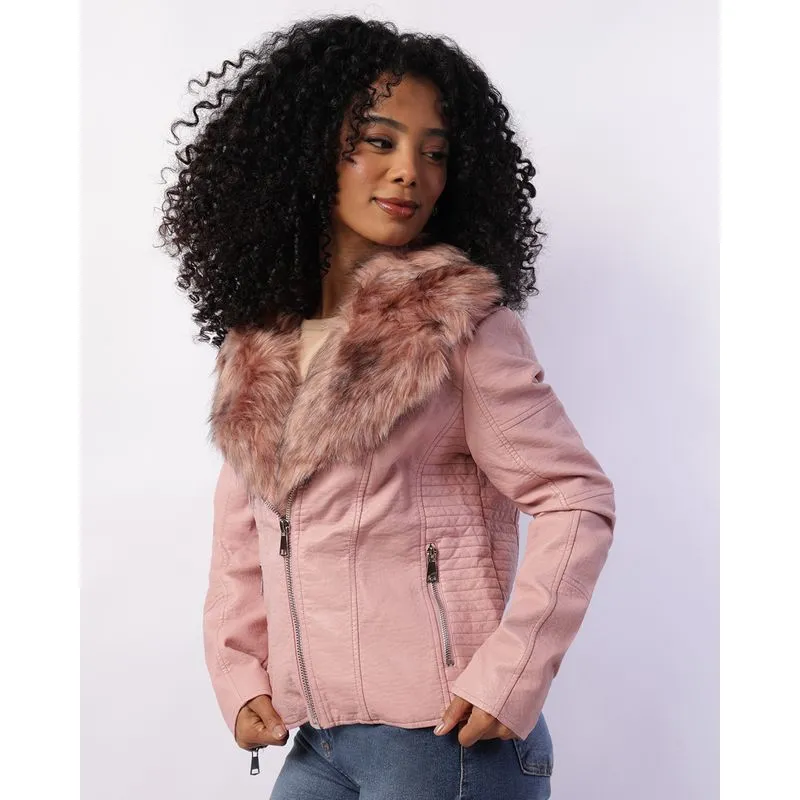Jaqueta Feminina PU Detalhes Pelucia Removível Bolsos Rosa GG