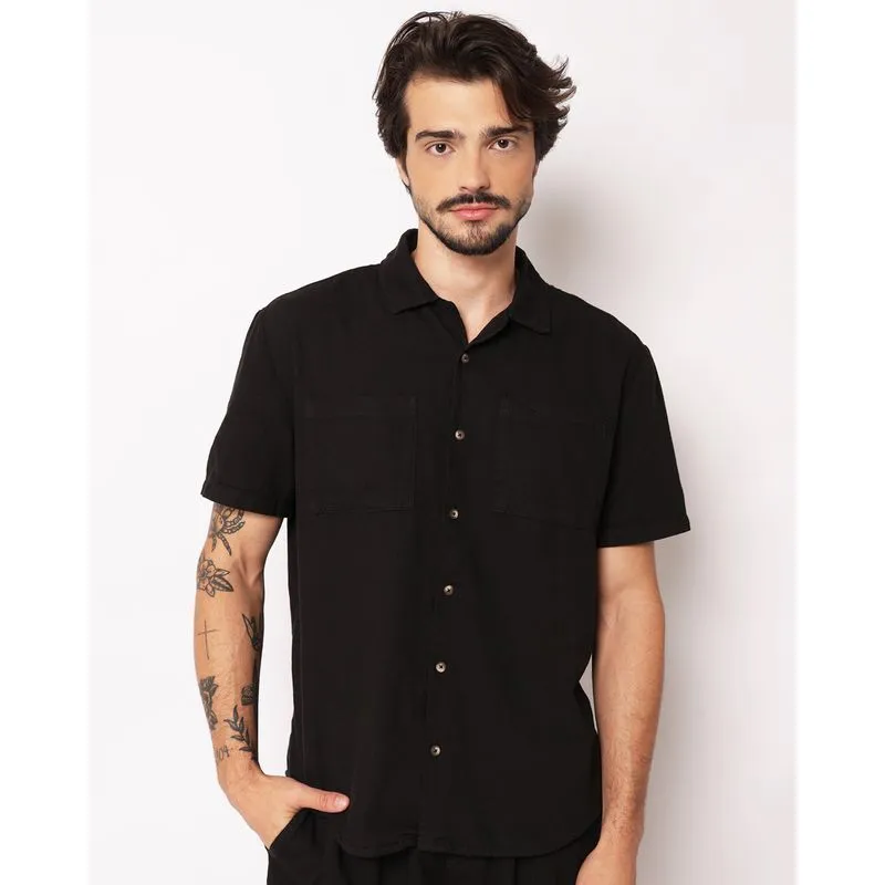 Camisa Sarja Masculina com Bolso Manga Curta Preta M