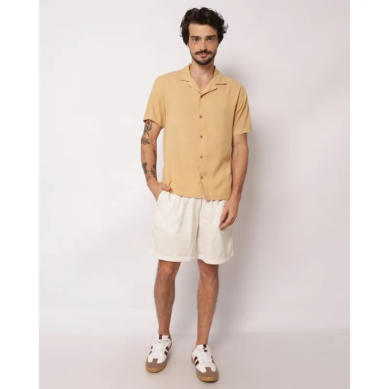 Bermuda Sarja Masculina Reta com Bolsos Cós com Elástico Bege M