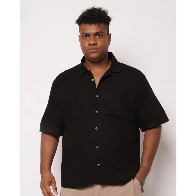 Camisa Sarja Plus Size Masculina com Bolsos Manga Curta Preta G3