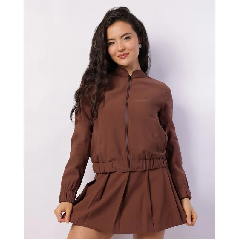 Jaqueta Feminina Bomber Viscose com Bolsos Marrom P