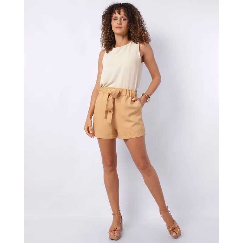 Short Feminino Viscose com Bolso Chapado Bege GG