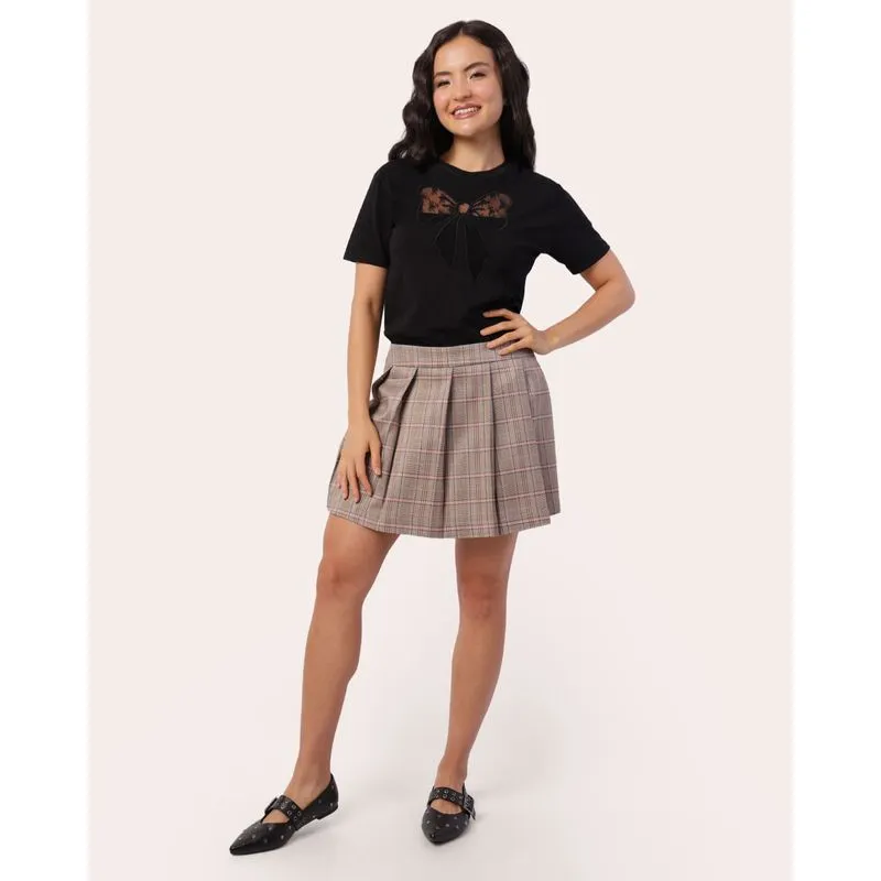 Short Saia Feminino com Pregas Estampa Xadrez Bege M