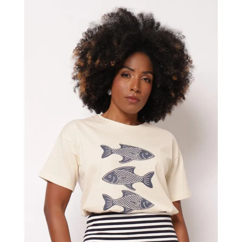 Camiseta Feminina Algodão Estampa Peixes Manga Curta Bege P