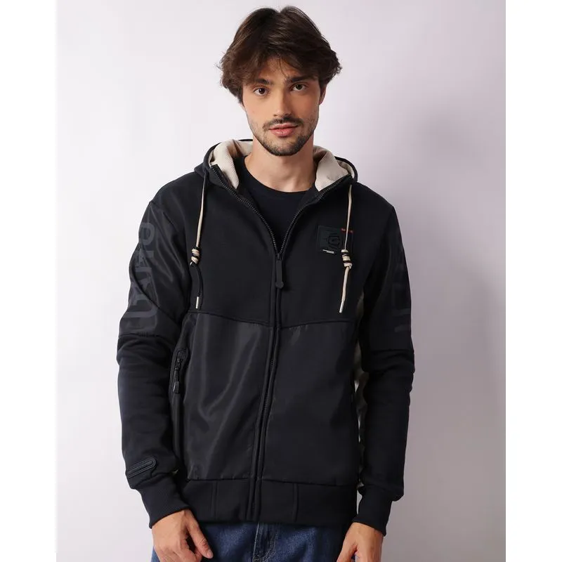 Jaqueta Moletom Masculina Gangster Com Capuz Recortes Marinho P