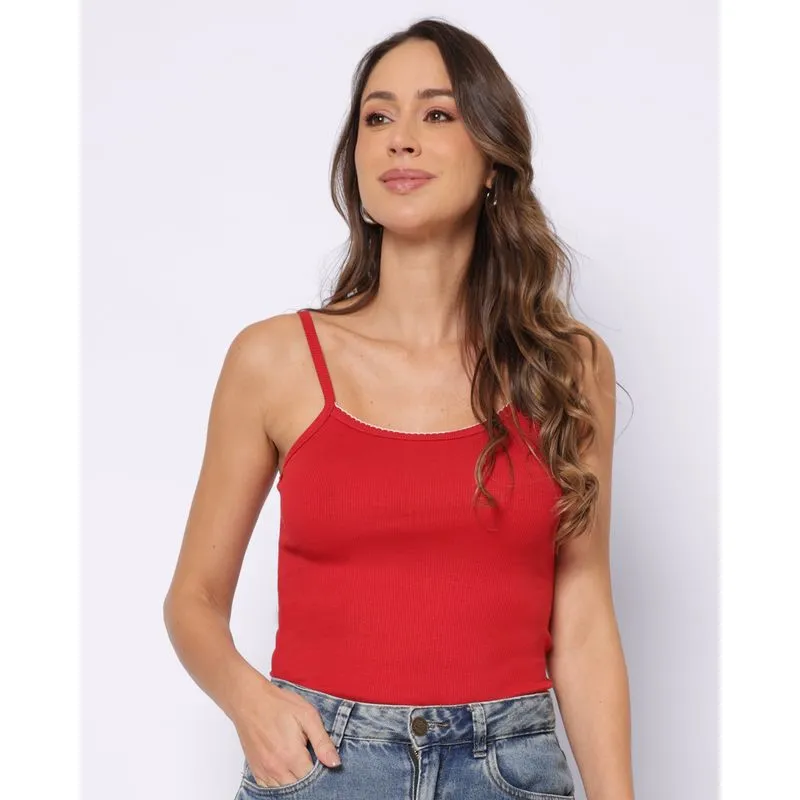 Blusa Feminina Alcinhas Canelada com Picueta Vermelha GG