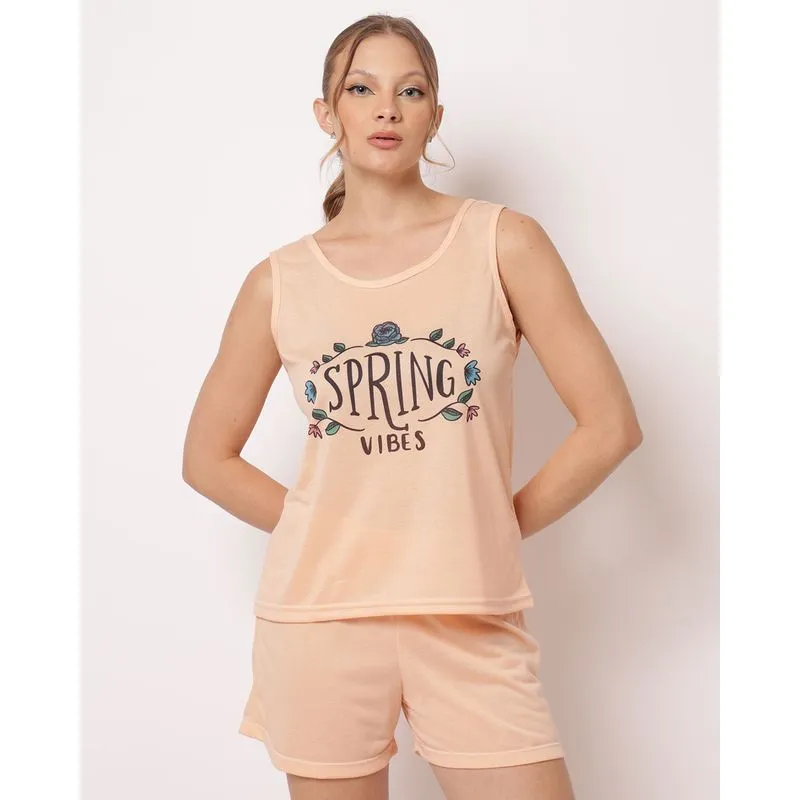 Pijama Regata Feminino Estampa Frontal Flores Laranja GG