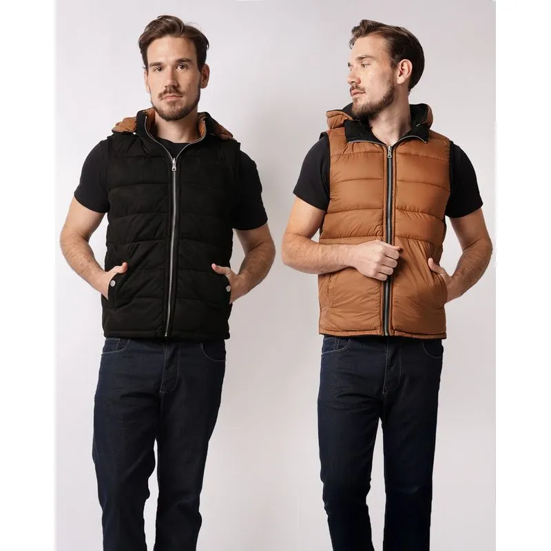 Colete Masculino Dupla Face Puffer com Capuz Removível Preto G