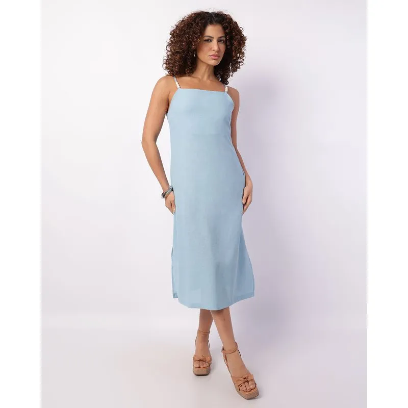 Vestido Feminino Midi Viscolinho com Bolsos Azul M