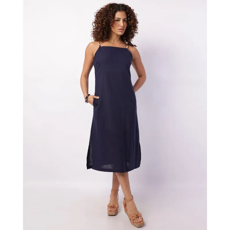 Vestido Feminino Midi Viscolinho com Bolsos Marinho G