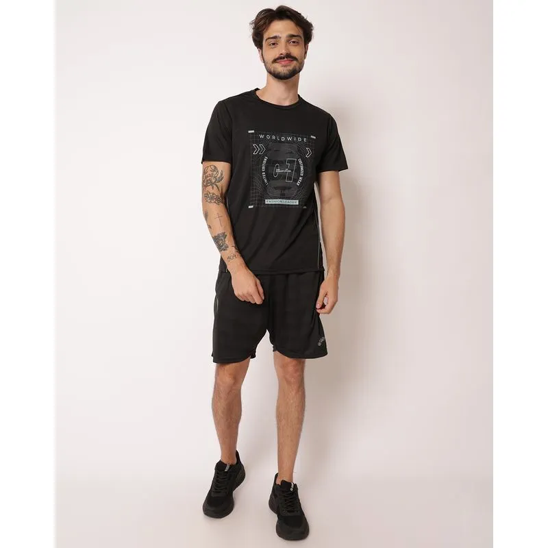 Bermuda Esportiva Masculina Reta Dry Fit Estampada com Bolsos Preta XG