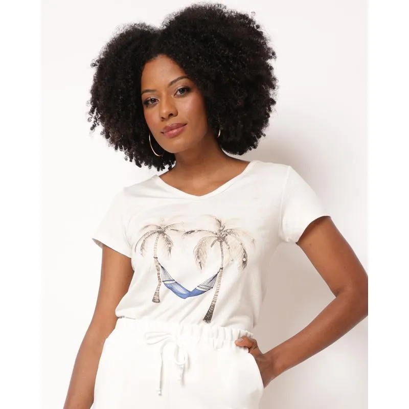 Blusa Feminina Manga Curta Estampa Silk Coqueiro Bege M