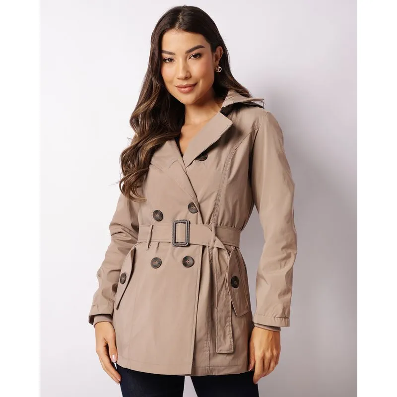 Parka Feminina Manga Longa Com Capuz Removível Botões Bege M