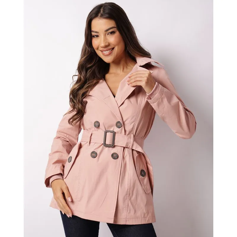 Parka Feminina Manga Longa Com Capuz Removível Botões Rosa P
