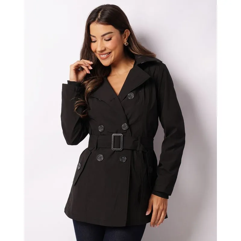 Parka Feminina Manga Longa Com Capuz Removível Botões Preto P