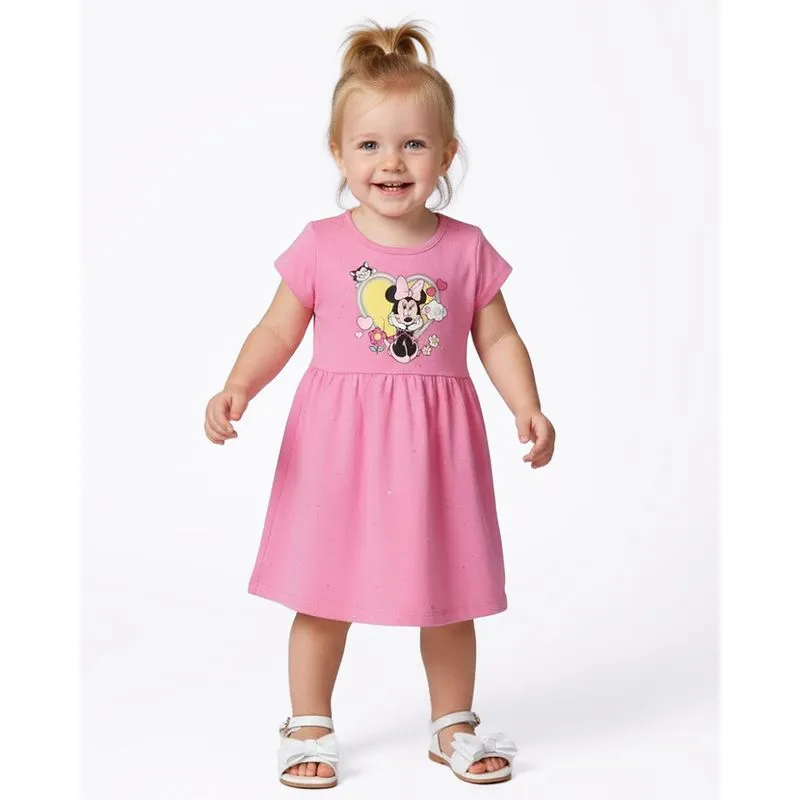 Vestido Bebê Curto Disney Minnie com Glitter Strass Manga Curta Rosa 1