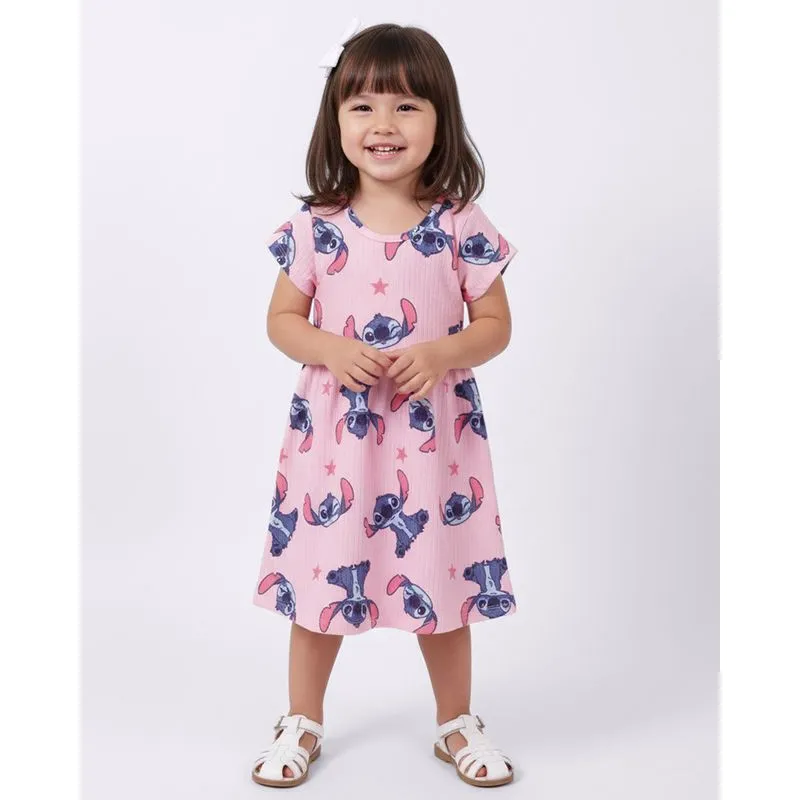 Vestido Bebê Estampado Disney Stitch Manga Curta Rosa 3
