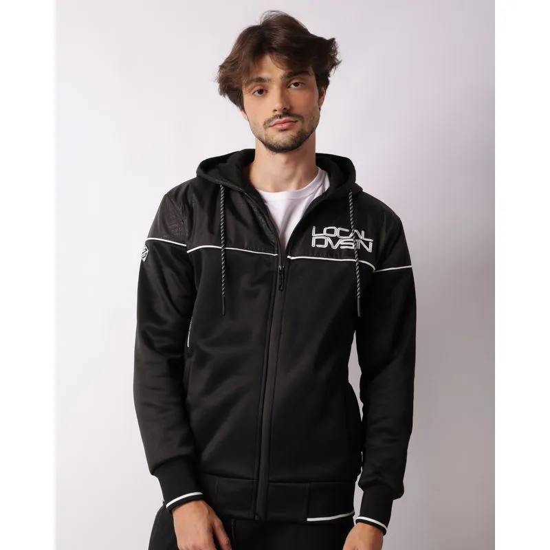Jaqueta Moletom Masculina Com Capuz Bolsos Preta GG
