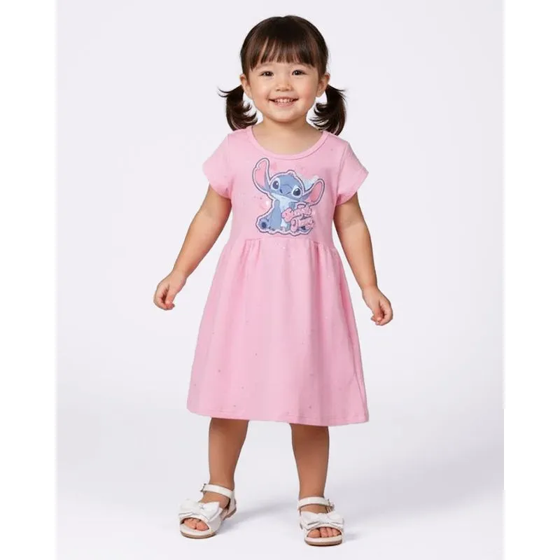 Vestido Bebê Curto com Glitter Strass Corações Disney Stitch Rosa 1