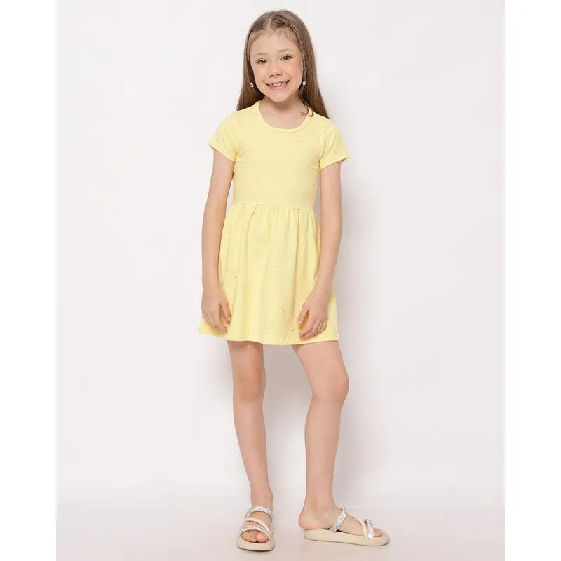 Vestido Infantil Curto com Glitter Strass de Coração Amarelo 6