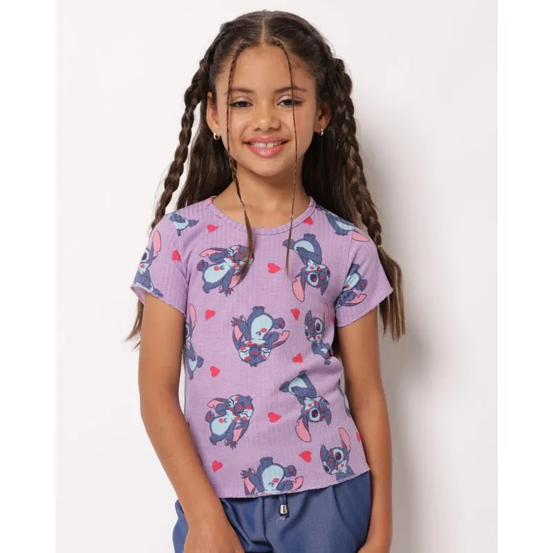 Camiseta Infantil Canelada Estampado Disney Stitch Manga Curta Lilás 10