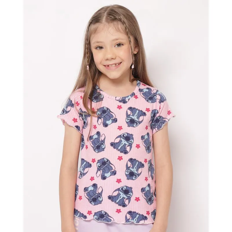 Camiseta Infantil Canelada Disney Stitch Frufru Manga Curta Rosa 8