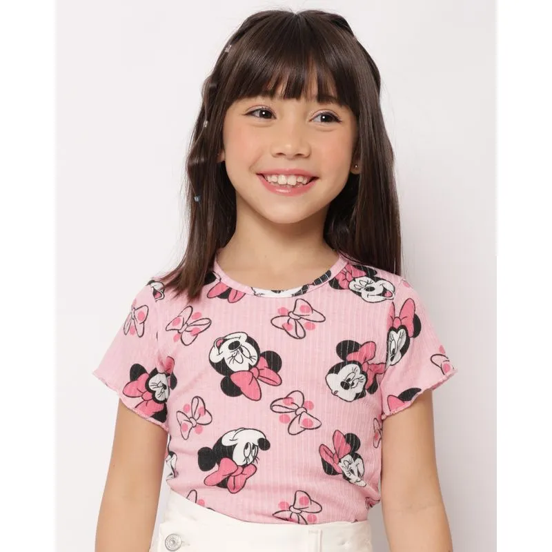 Blusa Infantil Canelada Disney Estampada Minniek Manga Curta Rosa 4