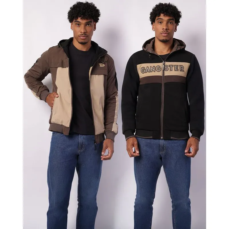 Jaqueta Masculina Gangster Dupla Face Corta Vento Moletom Marrom GG