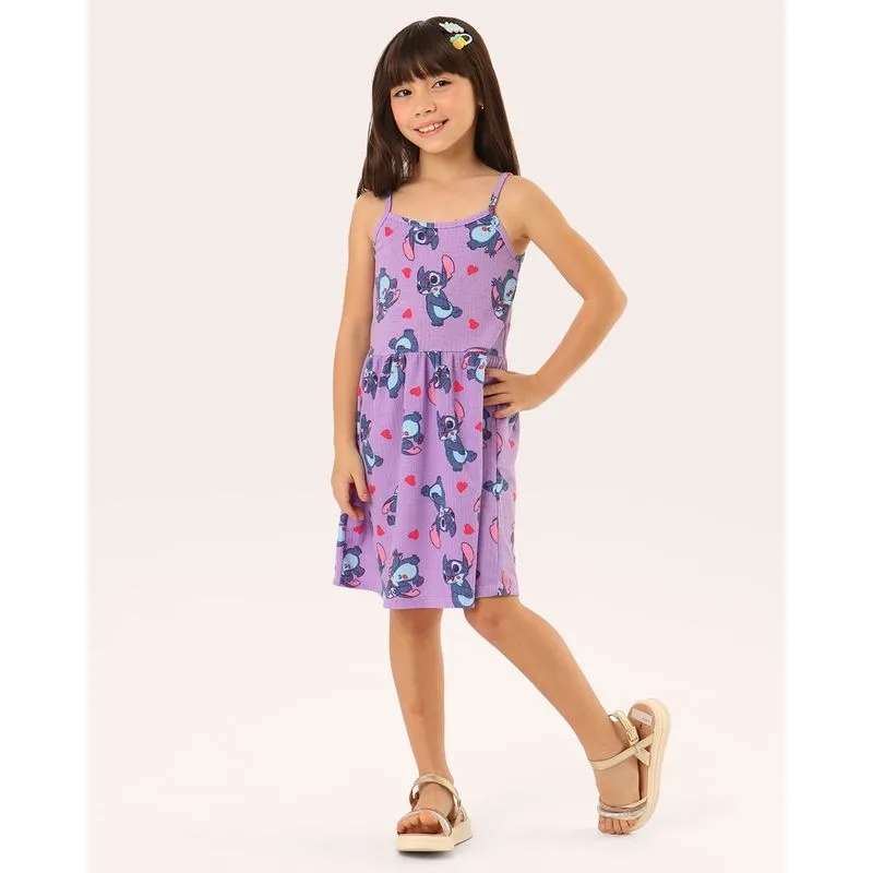 Vestido Infantil Canelado Estampado Disney Stitch Lilás 4