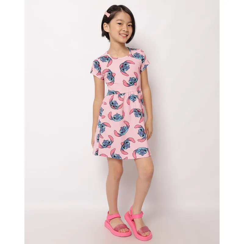 Vestido Infantil Canelado Disney Stitch Manga Curta Rosa 4