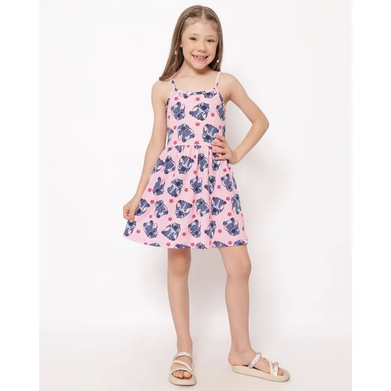 Vestido Infantil Curto Disney Stitch Canelado Estampado Rosa 10