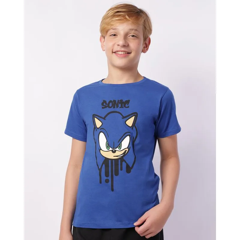 Camiseta Juvenil Algodão Sonic Manga Curta Azul 16