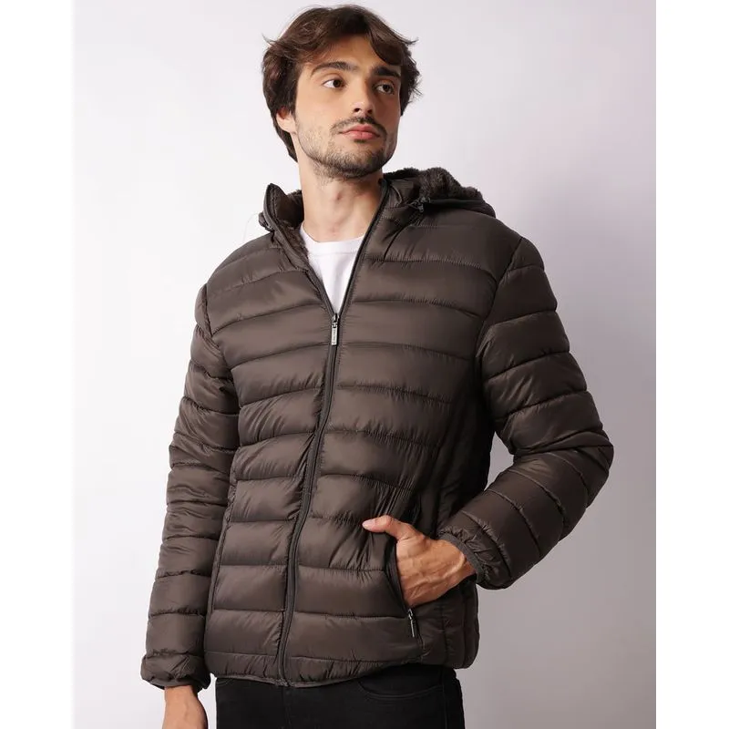 Jaqueta Masculina Puffer Peluciada Com Capuz Cinza P