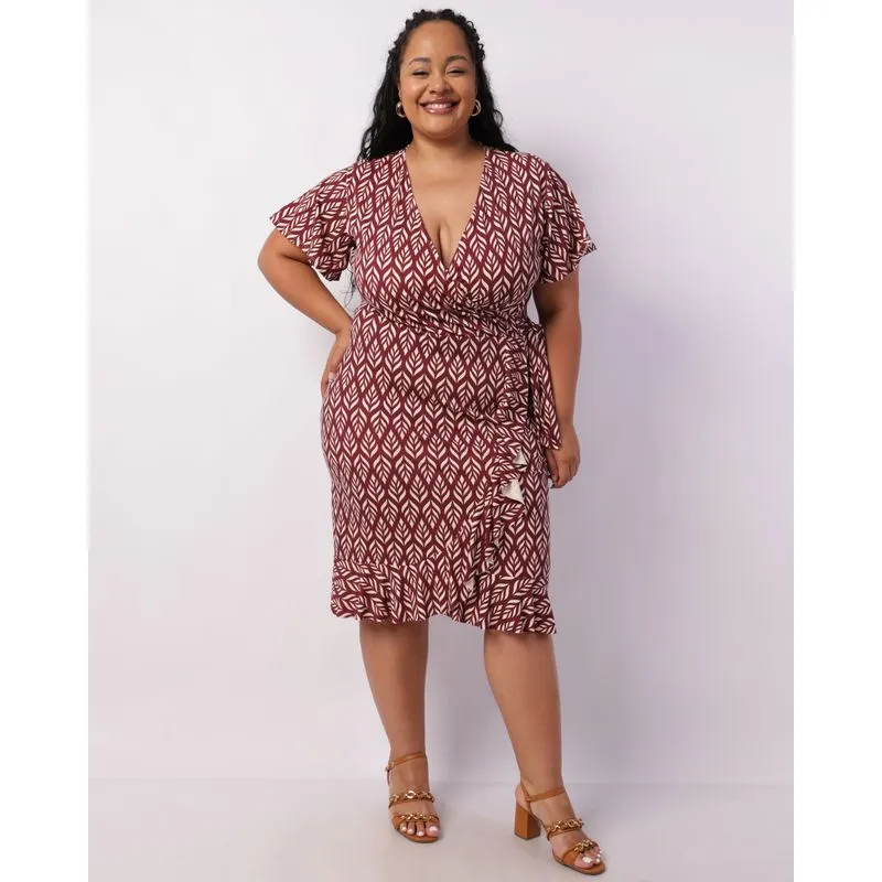 Vestido Plus Size Feminino Curto Viscose com Amarração Vinho G1