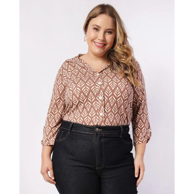 Camisa Plus Size Feminina Decote V Manga 3/4 Bege G1