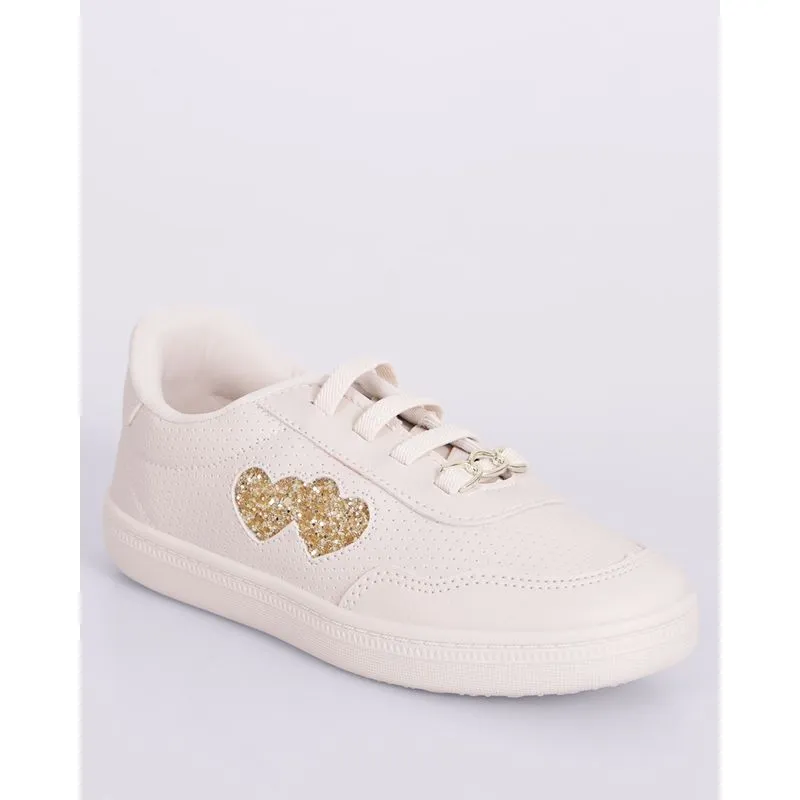 Tênis Infantil Casual Coração com Glitter Bege 33