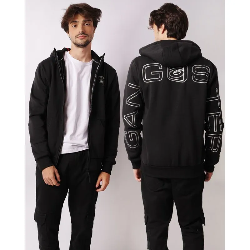 Jaqueta Moletom Masculina Gangster Com Capuz Estampa Bolsos Preta GG