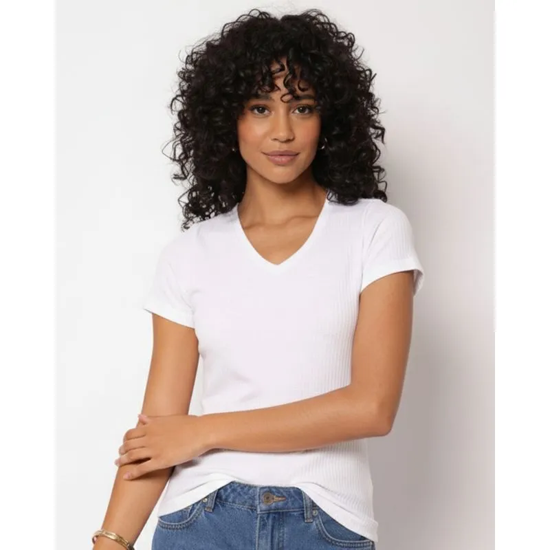Camiseta Feminina Canelada Básica Decote V Manga Curta Branca GG