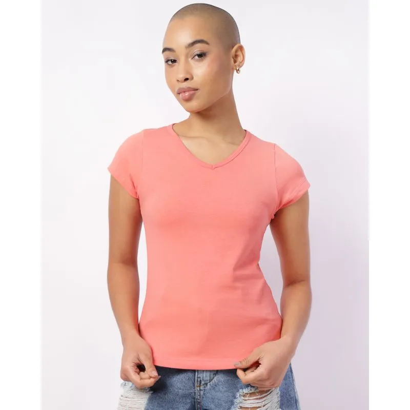 Blusa Feminina Básica Algodão Decote V Manga Curta Laranja GG