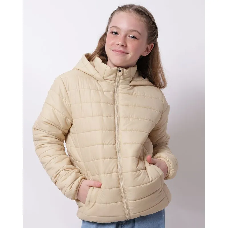 Jaqueta Juvenil Puffer com Bolsos e Capuz Bege 10