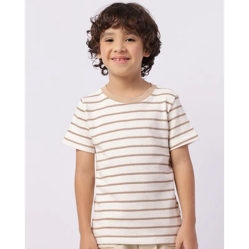 Camiseta Infantil Texturizada Listrada Manga Curta Bege 4