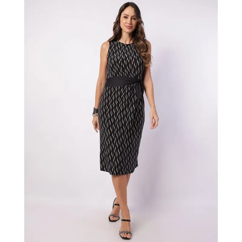 Vestido Feminino Midi Liganete com Amarração Estampado Preto P