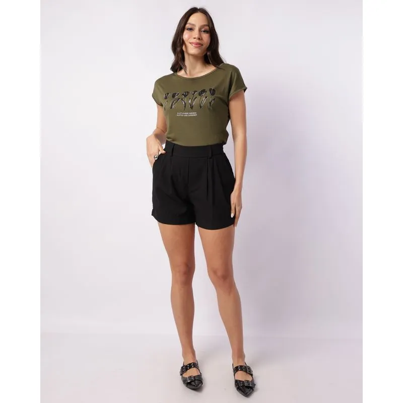 Short Feminino Viscose com Bolsos Pregas Preto G