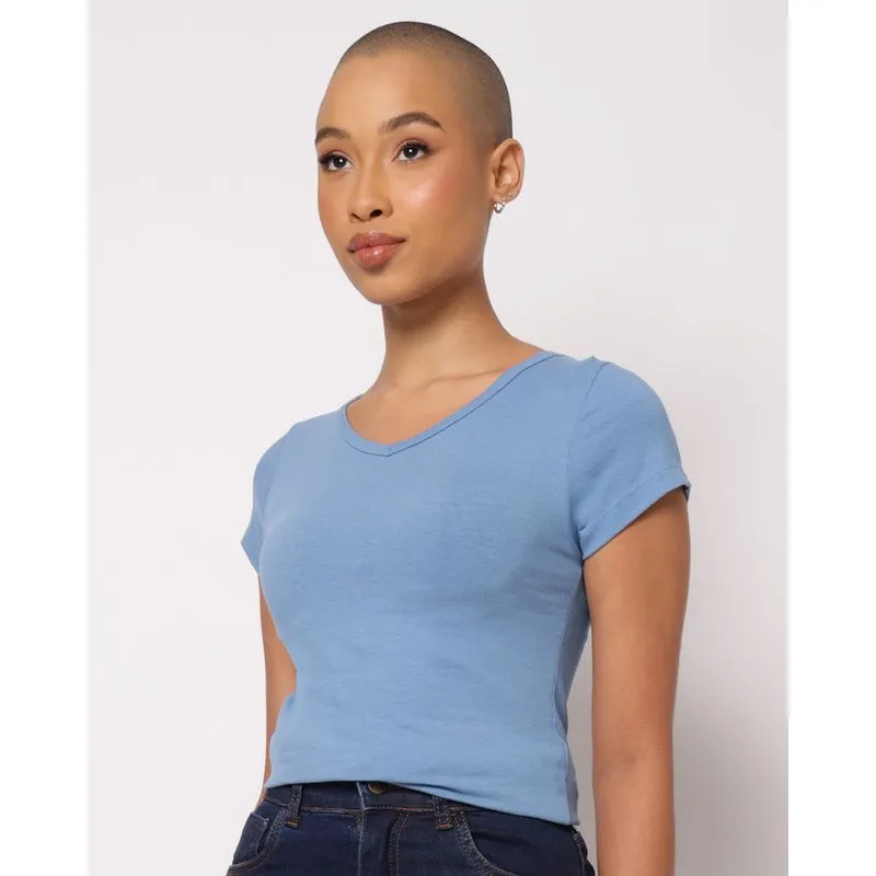 Camiseta Feminina Algodão Básica Manga Curta Azul GG