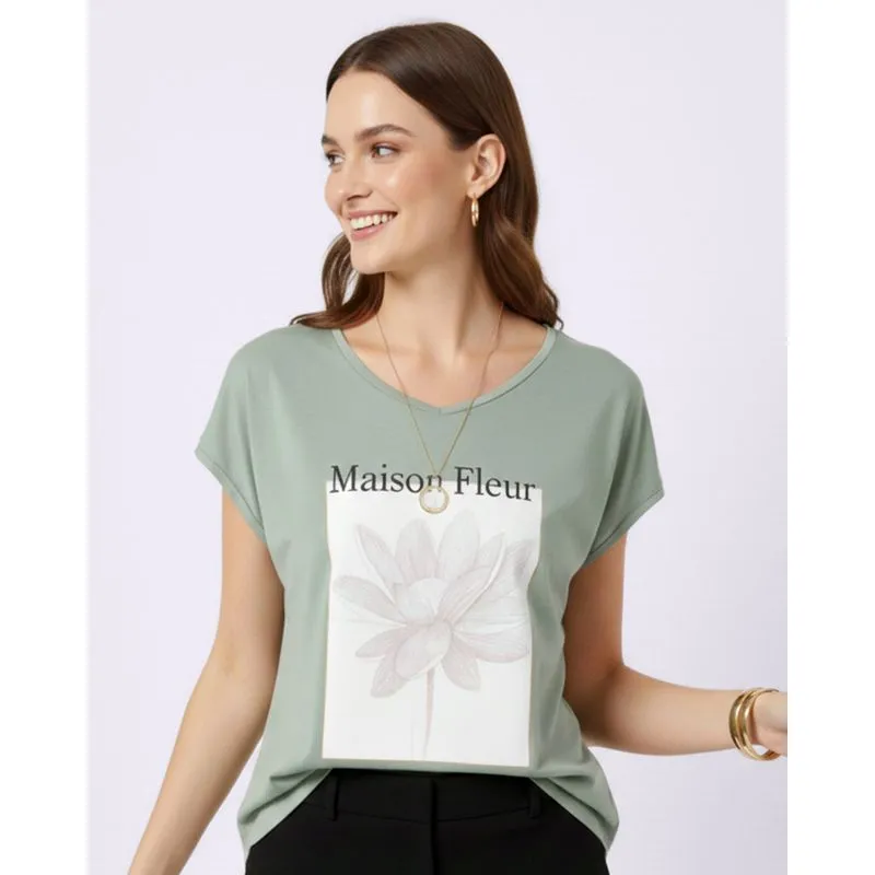 Blusa Feminina Viscose Estampada Manga Curta Verde M